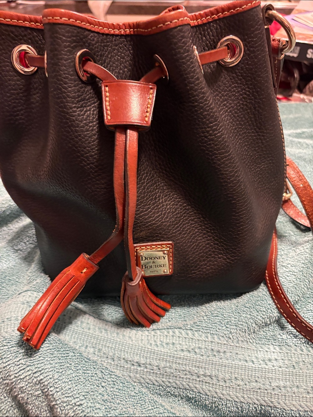 DooneyBourke Black Leather Drawstring Bucket wBrown Trim 1-2 small marks inside